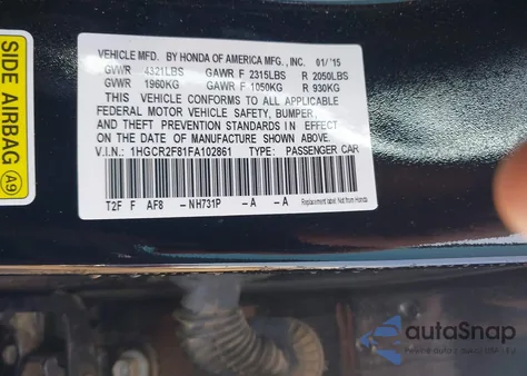 2015 Honda Accord Ex-L from USA, damaged, VIN 1HGCR2F81FA102861